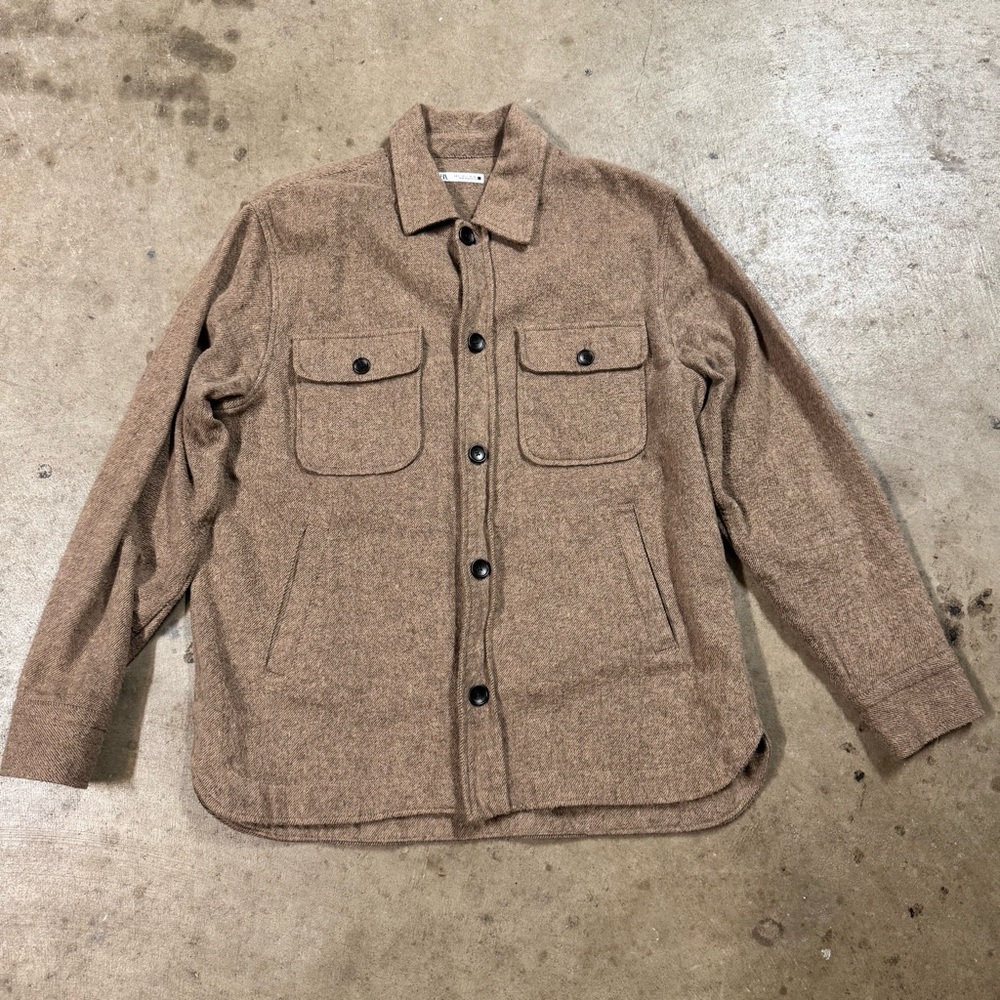Zara Cotton Poly Blend CPO Shacket Shirt Jacket Size L Tan/Beige